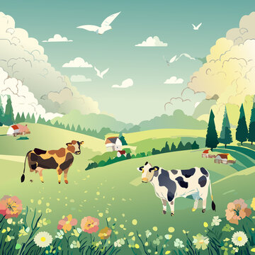 Generated ImagA beautiful landscape featuring a lush meadow with grazing cows, vibrant wildflowers, and majestic mountains in the background. The peaceful scene captures the essence of rural tranquile