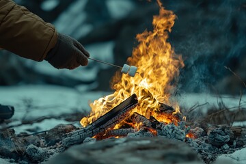 Roasting marshmallows over a campfire winter wonderland outdoor activity cozy environment close-up view fun experience