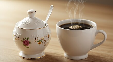 A ceramic sugar bowl with a tiny spoon, next to a steaming cup of coffee.