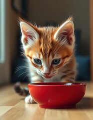 Playful orange kitten curiously approaches a red bowl on a wooden floor in a cozy indoor setting during the afternoon