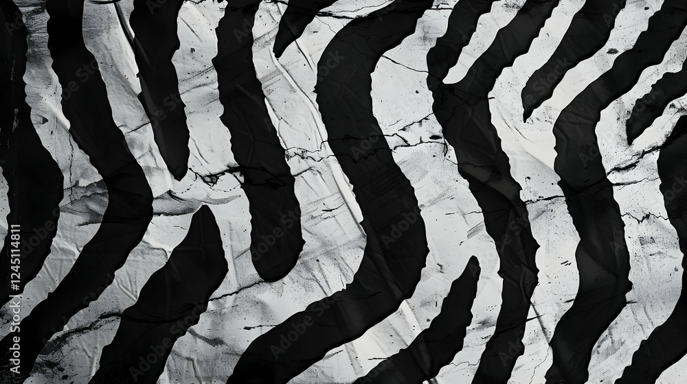 Poster abstract black and white zebra stripes on crumpled paper, creating a dynamic texture background