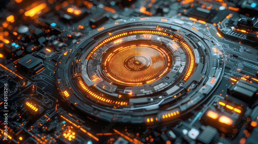 Poster abstract futuristic circuit board: cyberpunk digital interface, glowing orange lines and dark backgr