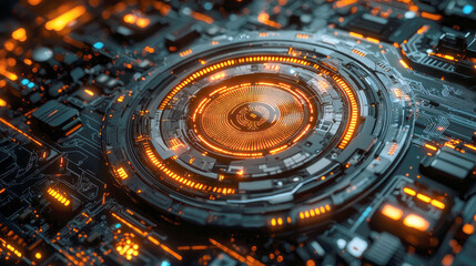 Abstract Futuristic Circuit Board: Cyberpunk Digital Interface, Glowing Orange Lines and Dark Background.  A Vision of Technological Innovation and Progress.