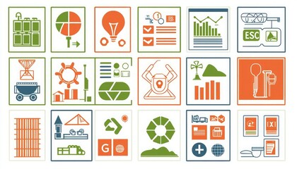 A collection of colorful icons representing various themes like technology, data analysis, renewable energy, and business processes.