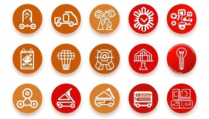 A collection of colorful icons representing various themes, including vehicles, tools, art, and technology, displayed in circular designs.