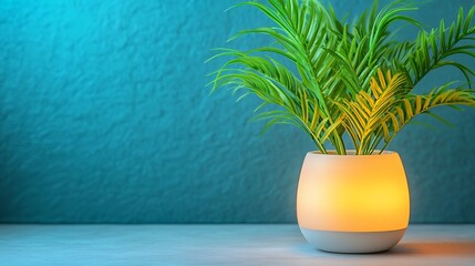 Fototapeta premium Illuminated Green Palm Plant In A White Pot Against Teal Textured Background