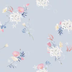 Fototapeten Floral seamless pattern features whimsical floral motif with a variety of flowers and leaves on a soft blue background, creating a fairytale-like atmosphere © momosama