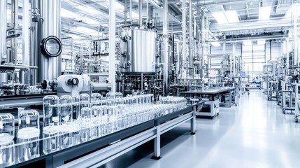 Fototapeta premium A high-tech industrial facility featuring rows of glass containers and advanced machinery, emphasizing cleanliness and precision in manufacturing.