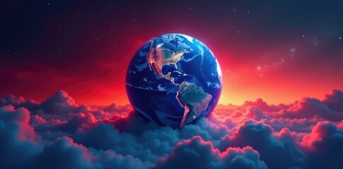 Blue globe with swirling clouds against deep red background, landscape, globe at sunset, earth