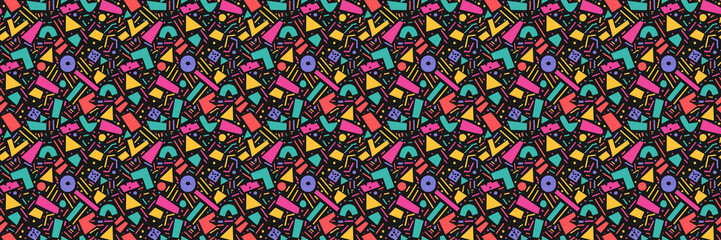 Seamless pattern with geometric shapes in the style. Multicolored vintage background with triangles, circles and squares for textile, fabric and Sudanese fabric art.