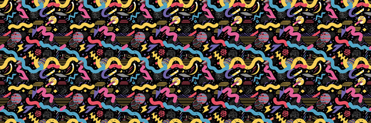 Seamless pattern with geometric shapes in the style. Multicolored vintage background with triangles, circles and squares for textile, fabric and Sudanese fabric art.