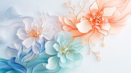Pastel Floral Digital Painting: Delicate Blooms on a Soft Blue Background AI Generated