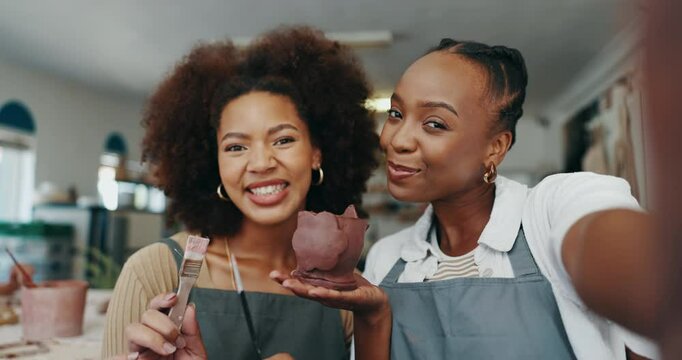 Selfie, happy and friends in pottery class for learning skill with clay for small business manufacturing. Pride, bonding and women with photography picture for ceramic product in creative studio