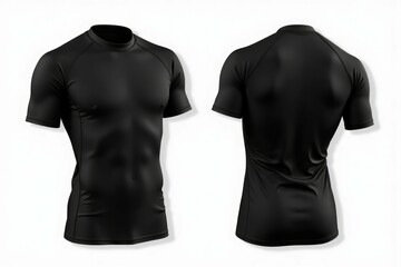 Black athletic shirt shown front and back views