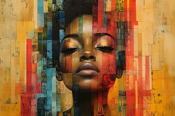 Serene woman with closed eyes, abstract colorful background, portrait painting