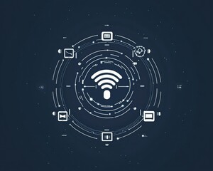 Fototapeta premium Abstract digital illustration of a Wi-Fi symbol surrounded by various device icons, representing connectivity and technology.