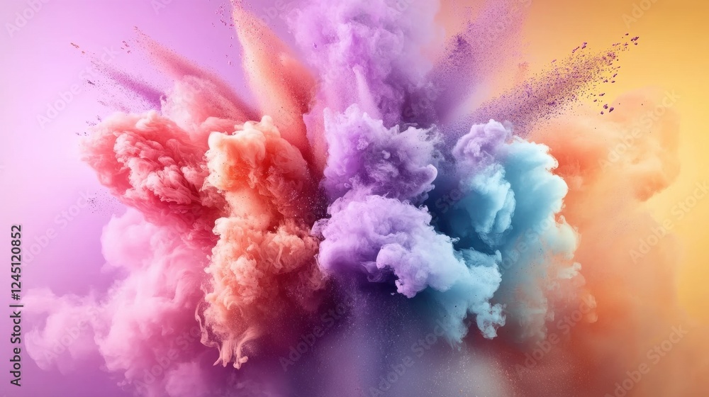 Poster colorful smoke explosion in vibrant hues against a pink background creating a dynamic visual effect