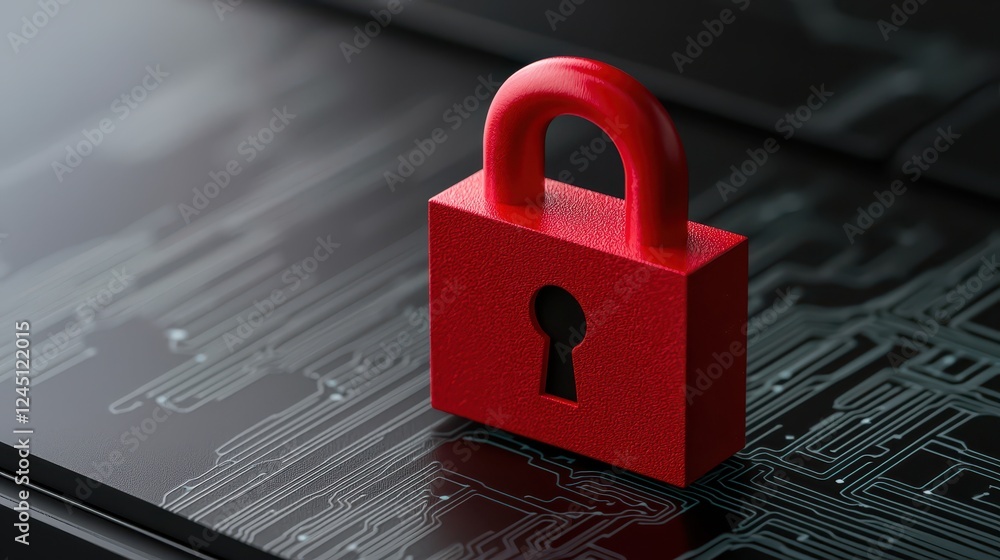 Poster red padlock on circuit board, symbolizing digital security, data protection and access control in cy