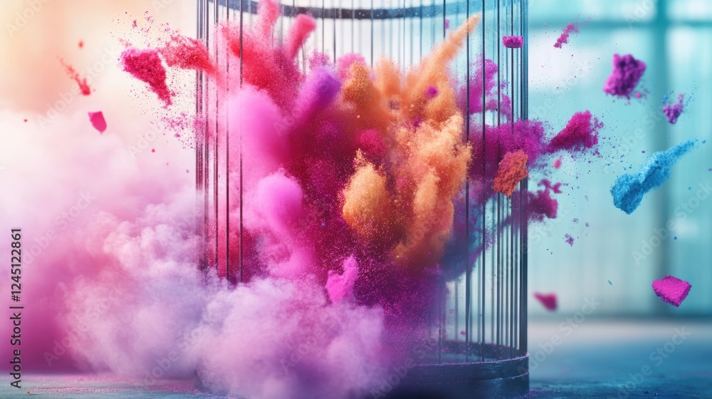 Poster bird cage with colorful powder explosion creating a vibrant artistic display in a creative setting