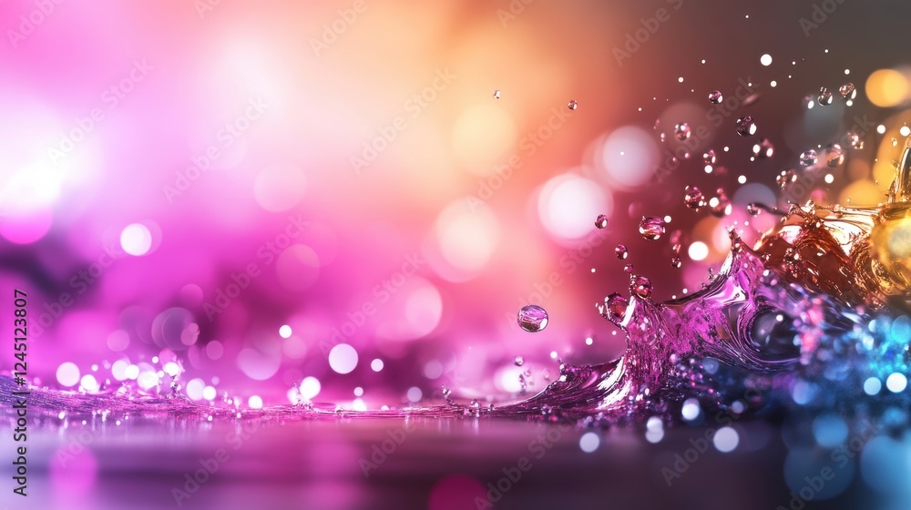 Poster purple and blue abstract background featuring a dynamic splash of water in the center of the composi