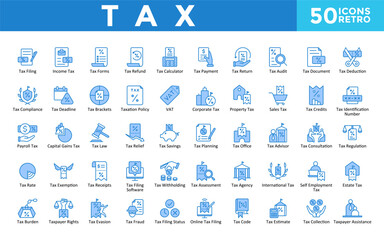 Fototapeta premium Tax icons set with tax filing, income tax, tax forms, tax refund, tax calculator, tax payment, tax return, tax audit, tax document, tax deduction icon. Simple retro vector 