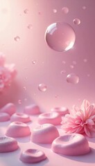 Pale pink shade with scattered, rounded bubbles in a serene, natural environment, calming, serene