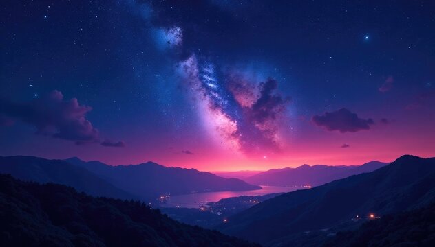 paisaje nocturno con estrellas multicolores y cielos luminoso, lente, paisajes nocturnos