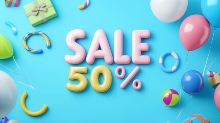  50% Off Sale: Playful 3D Typography with Party Elements