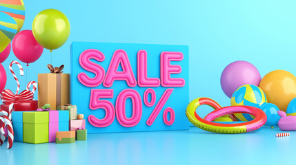 50% Off Sale: 3D Render with Colorful Balloons, Gifts, and Candy Canes