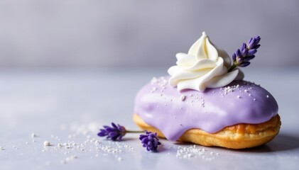pastel purple eclair with fluffy lavender cream and a sprig of dried lavender, eclair, dessert