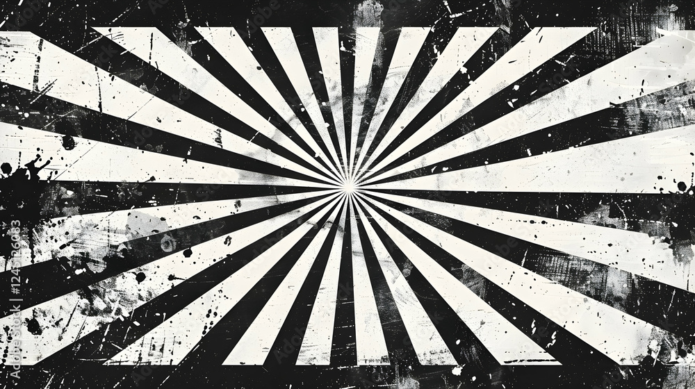 Poster Grunge-style radial pattern with black and white stripes radiating from a central point, creating a dynamic background effect