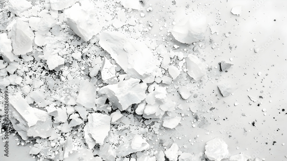 Poster close-up view of white mineral fragments scattered on a light surface, creating a textured backgroun