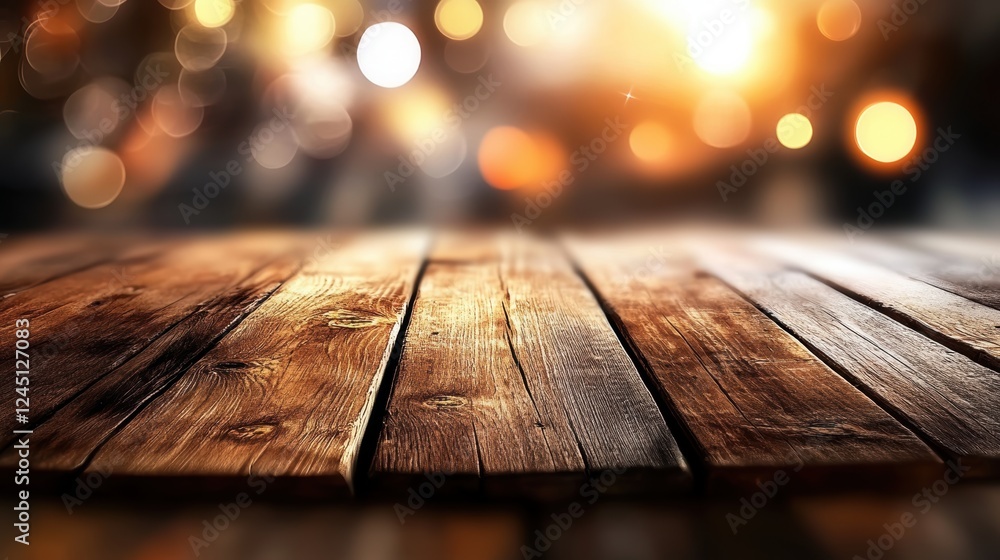 Poster wooden table with blurred lights creating a warm and inviting atmosphere in the background