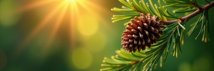 Fototapeta premium Pinecone on fir tree branch with sunlight filtering, cone, leaf, pine