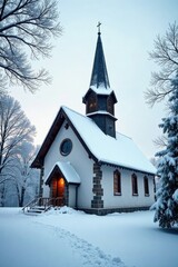 Snowy church facade with steeply pitched roof, snowy landscape, frosty