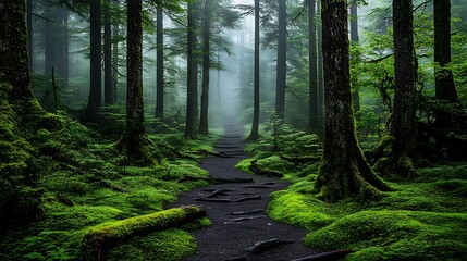 Obraz premium Misty Forest Trail: A Lush, Mossy Path on a Foggy Morning AI Generated