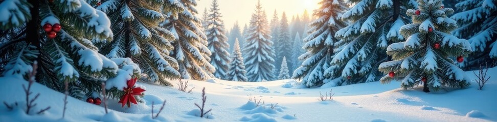 Fototapeta premium Snowy forest landscape with holly trees and pinecones, Forest, snowy landscape, holly tree