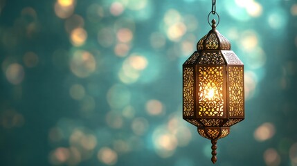 Ornate Ramadan Lantern with Mystical GlowDecorative Lantern with Candle and Bokeh Lights