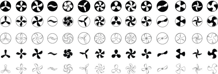 Fototapeta premium Electric fan icons set. Air conditioning heating and cooling black fan bicolor line and flat vector collection isolated on transparent background. Wind symbol , cold temperature design concepts.