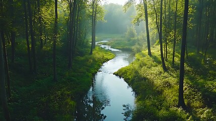 Obraz premium Serene Morning Mist: A River Winding Through a Lush Forest AI Generated