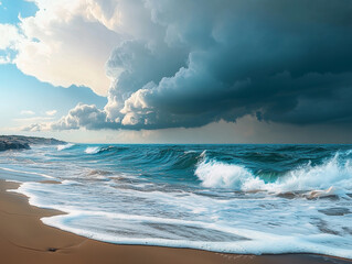  Stormy Beach with Waves and Dramatic Cloudscape
