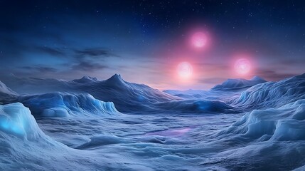 Fototapeta premium Icy Alien Planet Landscape at Night: Digital Painting of a Frozen World AI Generated