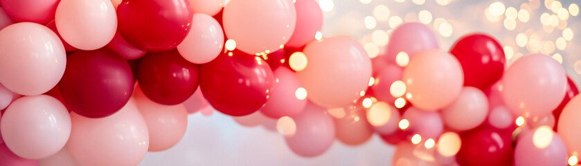 A vibrant arrangement of pink and red balloons with glowing lights for festive occasions.