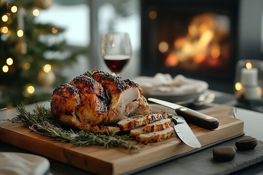 A golden roasted capon (chapon r&ocirc;ti) resting on a wooden board, garnished with rosemary and festive herbs, with a knife beside it on a Christmas-themed table. 
