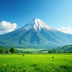 Naklejka premium Snowy mountain peak amidst lush green savannah, nature, mountain