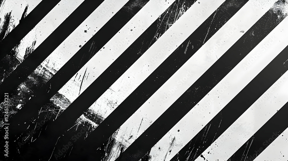 Poster Abstract black and white diagonal stripes with paint splatters, creating a dynamic background effect