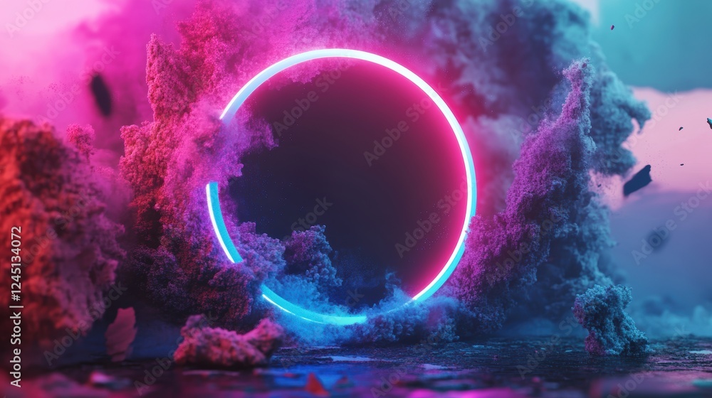 Poster pink and blue circle with a bird in flight against a soft gradient background in a serene landscape