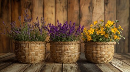Woven baskets with lavender and yellow flowers rustic setting