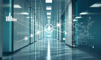 Modern office corridor, network data flow, future technology, connectivity - Powered by Adobe