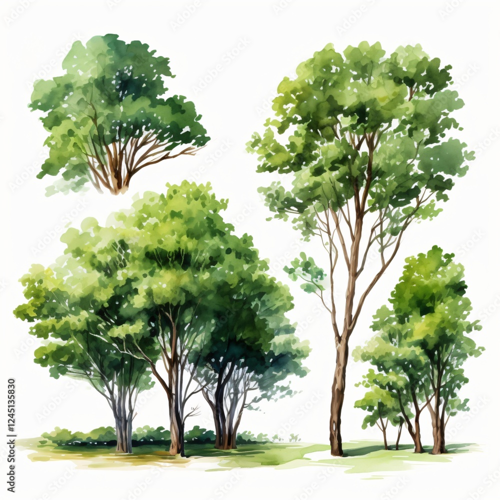 Poster different types of trees depicted in a watercolor style with various shades of green and natural set